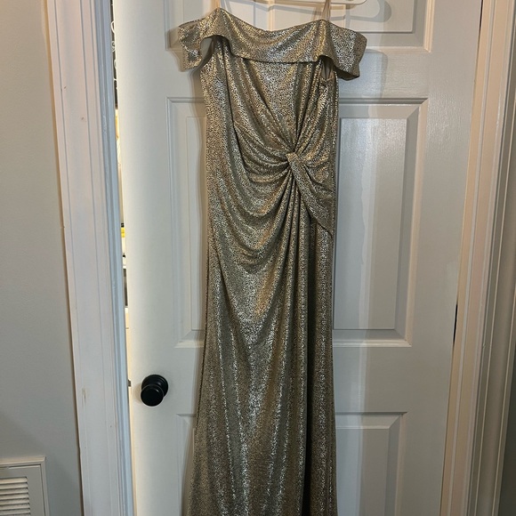 Adrianna Papell size 10. Gold off the shoulders floor length dress. Worn once. - Picture 1 of 8